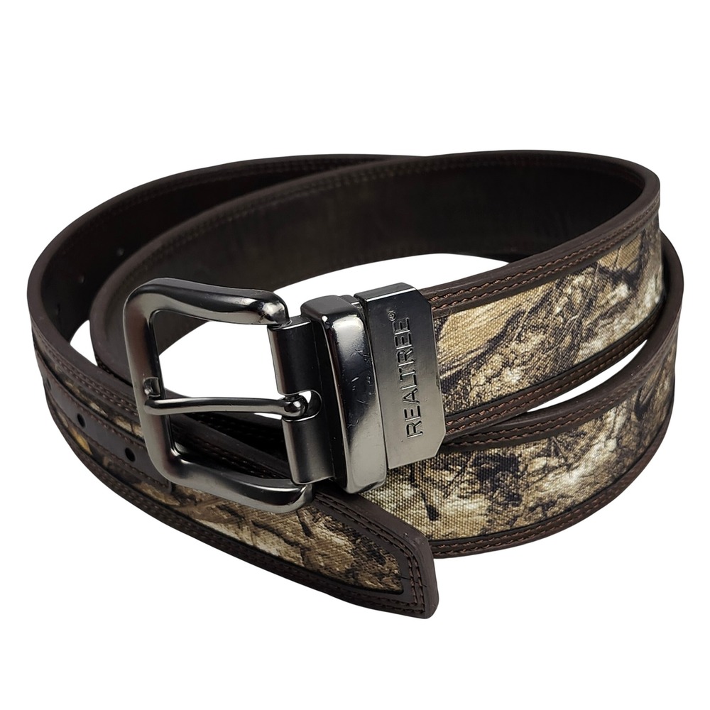 Realtree Belt Mens XL 42-44 Camouflage Brown Leather Reversible Hunting Gunmetal